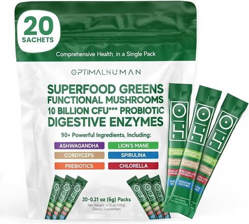 Optimal Human Superfood Greens Powder | 90+ Premium Non-GMO Ingredients | Organic Spirulina, Chlorella, Ashwagandha, Lion's Mane, 10+ Billion Probiotic & Digestive Enzymes | Energy, Longevity in Saudi Arabia