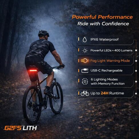 ضوء خلفي للدراجة، تحذير فلاش مزدوج أحمر وأصفر وضوء ضباب، 6 أوضاع USB-C قابلة لإعادة الشحن، وقت تشغيل 24 ساعة، ضوء دراجة LED 400 لومن، IPX6 مقاوم للماء للتنقل والركوب الليلي in Kuwait