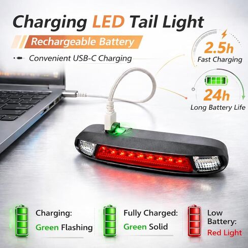 ضوء خلفي للدراجة، تحذير فلاش مزدوج أحمر وأصفر وضوء ضباب، 6 أوضاع USB-C قابلة لإعادة الشحن، وقت تشغيل 24 ساعة، ضوء دراجة LED 400 لومن، IPX6 مقاوم للماء للتنقل والركوب الليلي in Kuwait