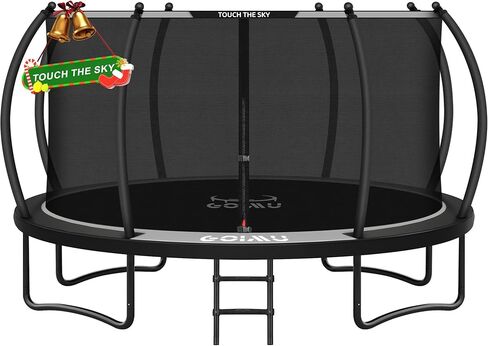 10FT 12FT 14FT 16FTOutdoor Recreational Trampoline with Enclosure Net, Bolt-Free Design Yard Trampoline with Wide Ladder and AntiRust Coating, 2 in 1 Connector for Kids Adults, ASTM Approval in Kuwait