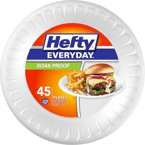 Hefty Everyday Soak Proof Disposable Foam Plates, 8.9 Inches, 100 Count, Disposable White Plates for Lunch, Salads, and Appetizers, Great for Everyday Use, Easy Cleanup in Kuwait