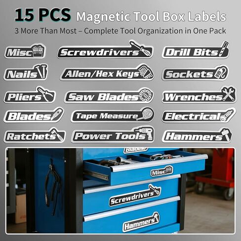 15 عبوة من ملصقات صندوق الأدوات المغناطيسية، ملصقات صندوق الأدوات مع منظمات مغناطيسية لصناديق الأدوات مع مغناطيس قوي لصناديق الأدوات الفولاذية والعربات والأدراج والخزائن (أسود) in Kuwait