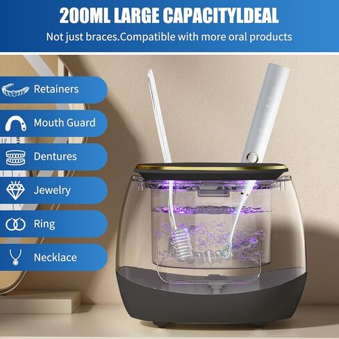2025 Dental Ultrasonic Retainer Cleaner Machine, 45kHz Dental Cleaning Pod for Denture, Mouth Guard, Night Guard, Aligner, Braces, Toothbrush Heads, Jewelry, 200ML Denture Cleaner with Digital Timer in Kuwait