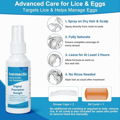 سائل ايفرمكتين 0.5% لعلاج القمل للبالغين (4 أونصة سائلة)، سريع المفعول، علاج قوي لقمل الرأس والبيض، تركيبة سائلة موضعية، للبالغين in Kuwait