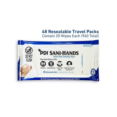 PDI Healthcare P71520 Sani-Hands Instant Hand Sanitizing Wipes, 48 Count Travel Pack (20 Wipes Each), 5.5" x 8.4" Size (Pack of 960), 70% Ethyl Alcohol, Textured Wipes with Aloe & Vitamin E in Saudi Arabia