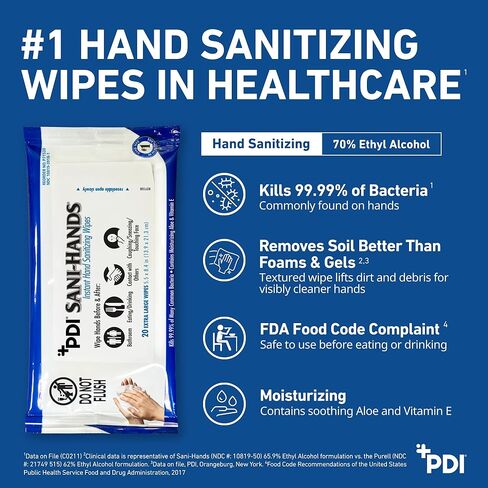 PDI Healthcare P71520 Sani-Hands Instant Hand Sanitizing Wipes, 48 Count Travel Pack (20 Wipes Each), 5.5" x 8.4" Size (Pack of 960), 70% Ethyl Alcohol, Textured Wipes with Aloe & Vitamin E in Saudi Arabia