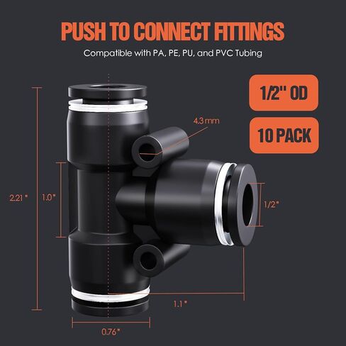 1/2" OD Push to Connect Fittings – Air Line Tee Connectors, Quick Connect Pneumatic Fittings, Push Lock Air Hose Fittings for Compressor, Air Tools & Tubing (10 PCS) in Kuwait