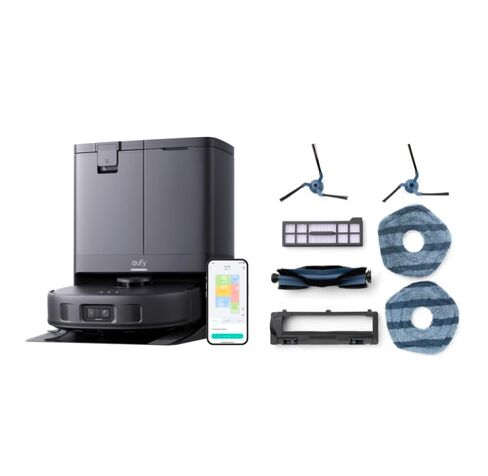 مجموعة ممسحة ومكنسة كهربائية eufy X10 Pro Omni Robot، شفط 8000 باسكال + مجموعة قطع غيار رسمية، فرشاة دوارة بشعيرات ومطاط، واقي للفرشاة، فرشتان جانبيتان، فلتر قابل للغسل، وقطعتي ممسحة in Kuwait