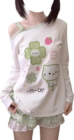 Womens Y2K Kawaii Print Sweatshirt Off Shoulder Lace Patchwork Tops Cute Japanese Graphic Casual T-Shirt in Kuwait