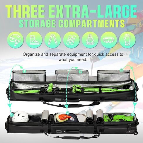 حقيبة تزلج مزدوجة متدحرجة مقاس 69-71 بوصة، حقيبة مبطنة مقاومة للماء على الجليد مع عجلات للسفر الجوي، تناسب الزلاجات والأحذية طويلة الرقبة، حقيبة سفر ذات عجلات للتزلج معتمدة من شركات الطيران شديدة التحمل in Kuwait