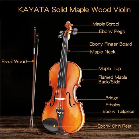 3/4 Size Violin set, Suitable for Beginner and Students, Maple Wood Violin Ebony Fittings with Hard Case, Shoulder Rest, Rosin, Bow, Extra Strings and Finger Guide Violin Sticker. in Kuwait