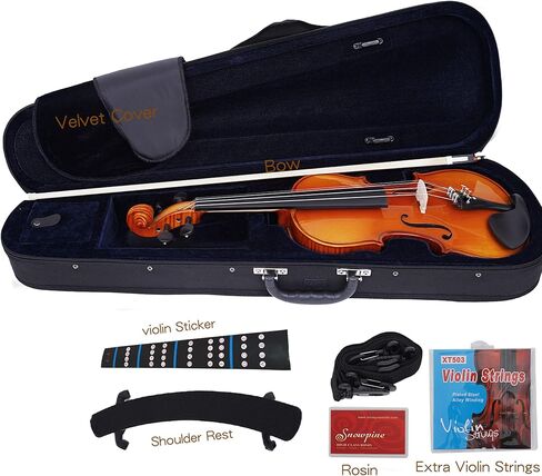 3/4 Size Violin set, Suitable for Beginner and Students, Maple Wood Violin Ebony Fittings with Hard Case, Shoulder Rest, Rosin, Bow, Extra Strings and Finger Guide Violin Sticker. in Kuwait