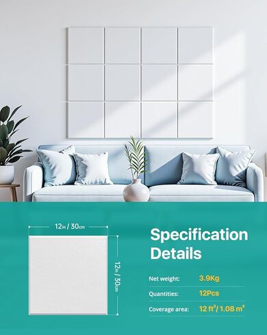 Soundsbay Mass Loaded Vinyl, Soundproof Wall Panels Self-adhesive, 12 Pack Square Mass Loaded Vinyl Soundproofing, 12''x12'' Soundproofing Panels for Walls, Home Office, Reccording Studio White in Kuwait