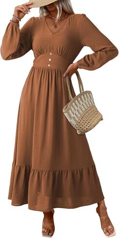 Dokotoo Womens Dresses Fashion 2025 Long Sleeve V Neck Maxi Dresses Elegant Casual Flowy Tiered Boho Beach Vacation Outifits in Saudi Arabia