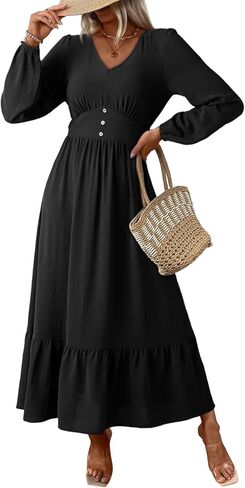 Dokotoo Womens Dresses Fashion 2025 Long Sleeve v Neck Maxi Dresses Elegant Nased Flowy Tiered Boho Beach Extivities in Kuwait