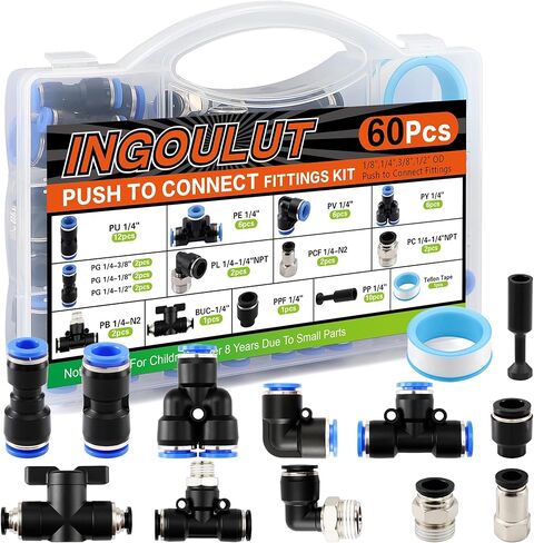 60 PCS Push to Connect Fittings 1/4 Inch Assortment Kit OD 1/4" Tube to 1/4" 1/2" 3/8" 1/8" NPT Thread Air Hose Quick Connect Fitting Air Line Fittings Quick Release Fitting in Kuwait