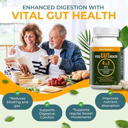 Vital Gut Health 4in1 Formula with Apple Cider Vinegar, Prebiotics & Probiotics, Digestive Enzymes for Strong Immunity Support and Complete Gut and Digestion Support- 30 Days Supply in Kuwait
