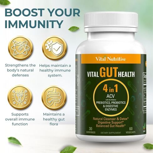 Vital Gut Health 4in1 Formula with Apple Cider Vinegar, Prebiotics & Probiotics, Digestive Enzymes for Strong Immunity Support and Complete Gut and Digestion Support- 30 Days Supply in Kuwait
