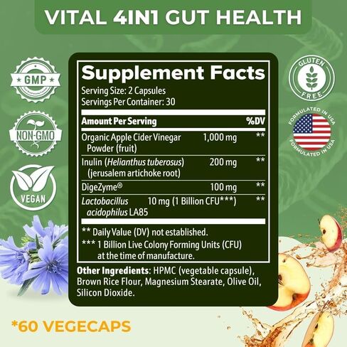 Vital Gut Health 4in1 Formula with Apple Cider Vinegar, Prebiotics & Probiotics, Digestive Enzymes for Strong Immunity Support and Complete Gut and Digestion Support- 30 Days Supply in Kuwait