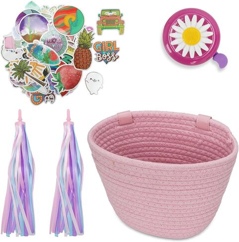 Kids Bike Basket, Bike Basket Front Bike Accessories for Girl Boys, Cotton Rope Woven Front Bicycle Basket with Bike Bell,Bike Colorful Ribbons Tassels and Stickers in Kuwait