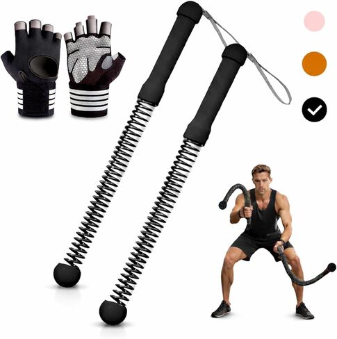 Cordless Battle Ropes (2 PCS) – Portable Weighted Ropeless Battle Rope Sticks with Hand Gloves for HIIT Workout, Home Gym Strength & Cardio Training (Black) in Saudi Arabia