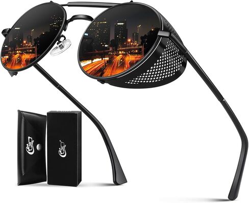 CGID Retro Steampunk Round Round Rouldized Sunglasses Men Womens Metal Side Shield UV400 Protection in Kuwait