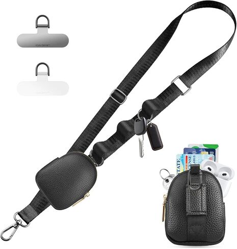 Adjustable Clip and Go Strap with Zippered Pouch Phone Lanyard Crossbody With Wallet for Shopping&Travel Anti-Theft Phone Strap with 1*clasp 2* Clear Lanyard Tether Tabs(Black) in Kuwait