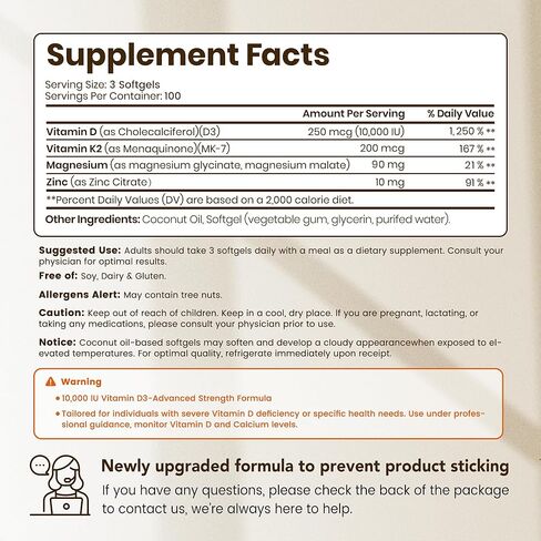 VEV Vitamin D3 K2 Magnesium Vitamin Supplement - 10,000 IU Vitamin D3, 200 mcg MK-7, Magnesium Glycinate & Malate, Zinc Citrate – 300 Softgels, for Energy, Bone & Muscle Support in Kuwait