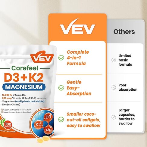 VEV Vitamin D3 K2 Magnesium Vitamin Supplement - 10,000 IU Vitamin D3, 200 mcg MK-7, Magnesium Glycinate & Malate, Zinc Citrate – 300 Softgels, for Energy, Bone & Muscle Support in Kuwait