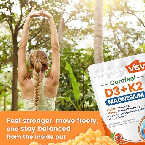 VEV Vitamin D3 K2 Magnesium Vitamin Supplement - 10,000 IU Vitamin D3, 200 mcg MK-7, Magnesium Glycinate & Malate, Zinc Citrate – 300 Softgels, for Energy, Bone & Muscle Support in Kuwait