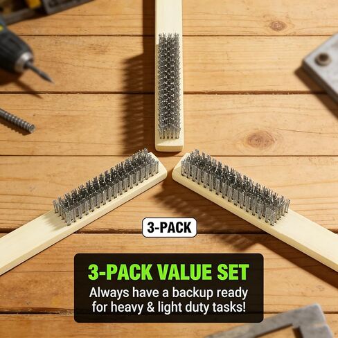 مجموعة فرش سلكية من الفولاذ المقاوم للصدأ - فرشاة خدش بمقبض خشبي مكونة من 3 قطع للخدمة الشاقة والخفيفة، وإزالة طلاء الصدأ، واللحام، وتنظيف الآلات in Kuwait