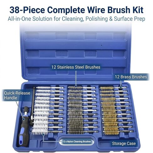 Wire Brush Attachment Kit 38 Pc Drill Brush Set with 1/4" Shank, Quick Release Handle & Extension, Stainless Steel Brass Nylon Brushes for Cleaning, Polishing, Surface Prep On Metal, Wood in Saudi Arabia