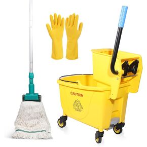 دلو ممسحة مستطيلة تجارية من Press Wringer على عجلات، 35 لتر، أصفر، أضف ممسحة تجارية واحدة ومجموعة واحدة من القفازات المطاطية in Kuwait