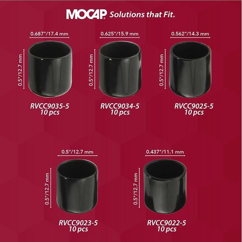 أغطية بلاستيكية مستديرة من الفينيل من MOCAP - مجموعة أغطية متوسطة (7/16 بوصة، 1/2 بوصة، 9/16 بوصة، 5/8 بوصة، 11/16 بوصة) | أغطية فينيل متينة ومرنة لحماية الخيوط، وأغطية النهاية، والتشطيب السطحي - 10 وحدات لكل حجم in Kuwait