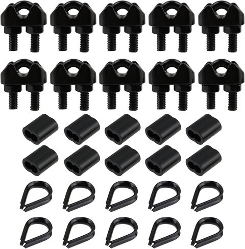 Antrader Wire Rope Accessory Set,Stainless Steel Wire Rope Cable Clip Clamp,Stainless Steel Thimble and Aluminum Crimping Loop Sleeve,M3-1/8",Black(10Pcs +10Pcs + 10Pcs) in Saudi Arabia