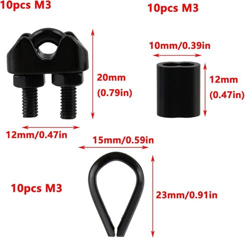 Antrader Wire Rope Accessory Set,Stainless Steel Wire Rope Cable Clip Clamp,Stainless Steel Thimble and Aluminum Crimping Loop Sleeve,M3-1/8",Black(10Pcs +10Pcs + 10Pcs) in Saudi Arabia