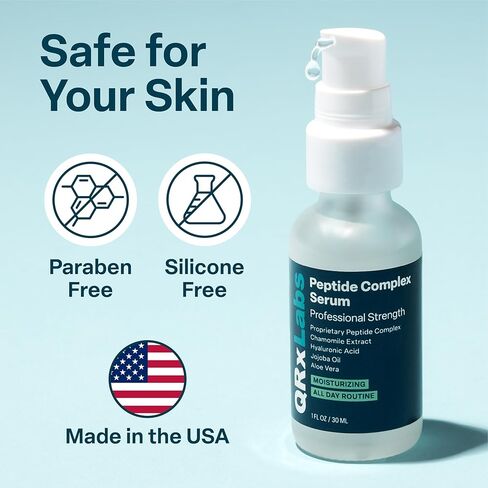 QRxLabs Peptide Complex Face Serum - Firming Collagen Peptide Serum - Antiaging Skincare Gel with Hydrating Hyaluronic Acid with Chamomile Extract - Unscented Gel, 1 Fl Oz in Kuwait