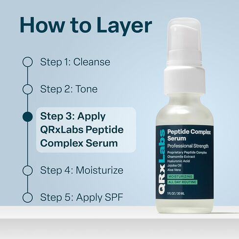 QRxLabs Peptide Complex Face Serum - Firming Collagen Peptide Serum - Antiaging Skincare Gel with Hydrating Hyaluronic Acid with Chamomile Extract - Unscented Gel, 1 Fl Oz in Kuwait