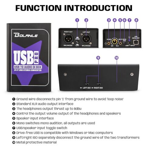 Bolanle USB-PRO Active DI Box with Ground Loop Isolation | 24bit/192kHz USB Audio Interface for Live Sound & Recording | Eliminate Hum & Buzz Noise from PC to PA System | Plug & Play in Kuwait