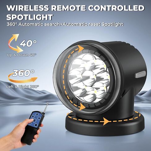 أضواء البحث LED عن بعد من KORKIE للشاحنة، إعادة ضبط تلقائي 360 درجة ضوء نقطة دوارة، أضواء بحرية مقاومة للماء للقارب 6 مغناطيسات قوية مدمجة باللون الأسود in Kuwait