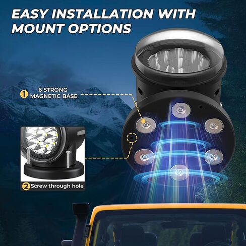 أضواء البحث LED عن بعد من KORKIE للشاحنة، إعادة ضبط تلقائي 360 درجة ضوء نقطة دوارة، أضواء بحرية مقاومة للماء للقارب 6 مغناطيسات قوية مدمجة باللون الأسود in Kuwait