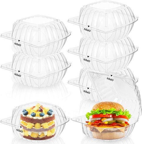 100 عبوة من حاويات الطعام الشفافة مع أغطية مفصلية، صناديق مفصلية للاستعمال مرة واحدة مع ملصقات إغلاق، حاويات بلاستيكية للاستخدام في مخبز كعكة سلطة الحلوى، 5.8 × 5.8 × 3.27 بوصة in Kuwait