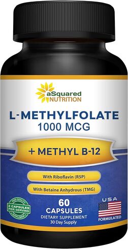 aSquared Nutrition L Methylfolate Plus Methyl B12 - Methylated Folate Supplement for Women & Men - 5-MTHF (Active Vitamin B9) 1000 mcg & B-12 1mg - B Complex - 60 Capsules in Saudi Arabia