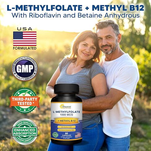 aSquared Nutrition L Methylfolate Plus Methyl B12 - Methylated Folate Supplement for Women & Men - 5-MTHF (Active Vitamin B9) 1000 mcg & B-12 1mg - B Complex - 60 Capsules in Saudi Arabia