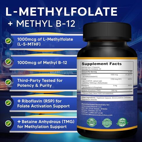 aSquared Nutrition L Methylfolate Plus Methyl B12 - Methylated Folate Supplement for Women & Men - 5-MTHF (Active Vitamin B9) 1000 mcg & B-12 1mg - B Complex - 60 Capsules in Saudi Arabia