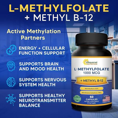 aSquared Nutrition L Methylfolate Plus Methyl B12 - Methylated Folate Supplement for Women & Men - 5-MTHF (Active Vitamin B9) 1000 mcg & B-12 1mg - B Complex - 60 Capsules in Saudi Arabia