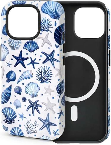 نمط الصدف الساحلي الصيفي لـ iPhone 16 Case ، [متوافق مع Magsafe] ، وحماية مقاومة للصدمات ، والتصميم الأزرق والأبيض (لـ iPhone 16) in Kuwait