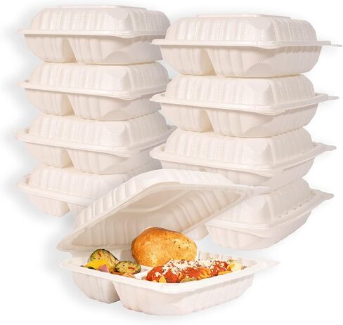 MULMEHË Mineral Filled Polypropylene Plastic Hinged Take Out Food Containers, 9x9x3, Vented Three Compartment, Natural White, 200 per Case in Kuwait