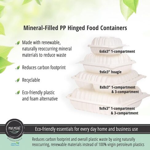 MULMEHË Mineral Filled Polypropylene Plastic Hinged Take Out Food Containers, 9x9x3, Vented Three Compartment, Natural White, 200 per Case in Kuwait