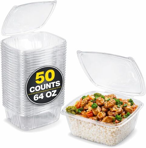 Smygoods Deli Containers with Hinged Lids, Clear PET Plastic, 64 Ounces, Rectangular Clamshell, 50 Count in Kuwait